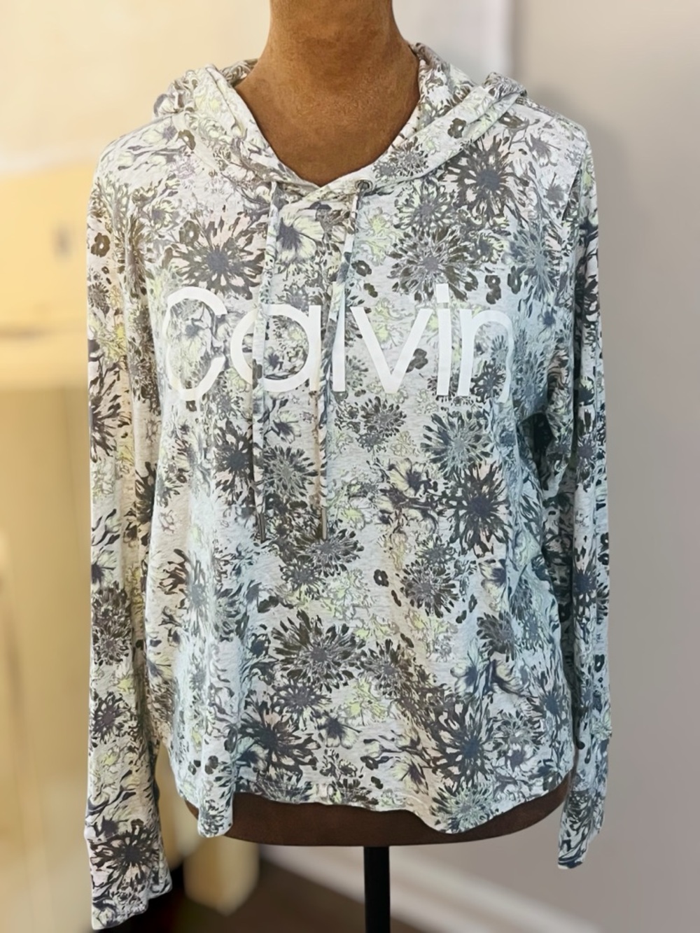 Calvin Klein Floral Logo Hoodie Sweatshirt - Light Gray & Pale Green